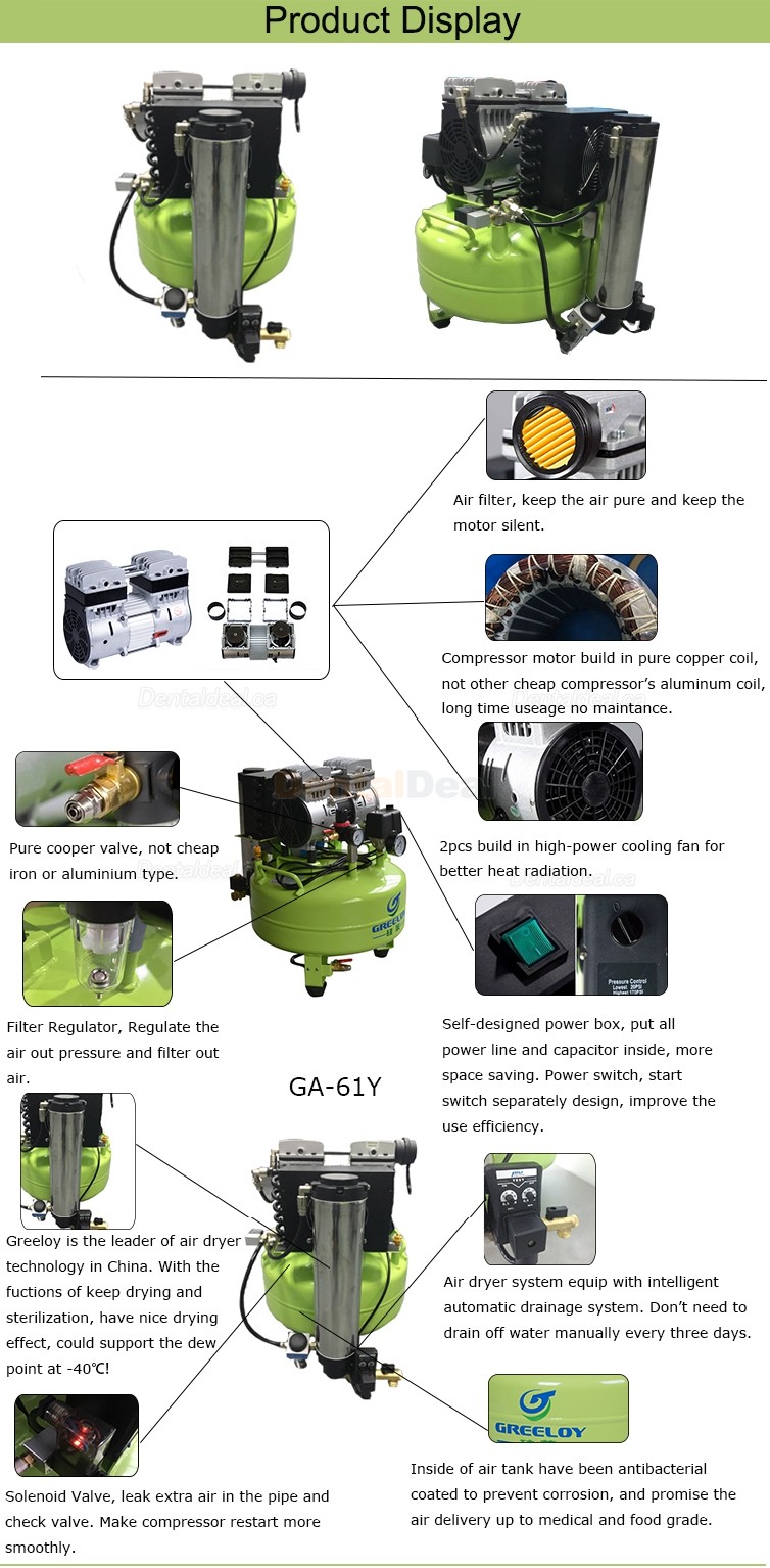 Greeloy&reg; GA-61Y 600W Oil Free Silent Portable Air Compressor with Dryer